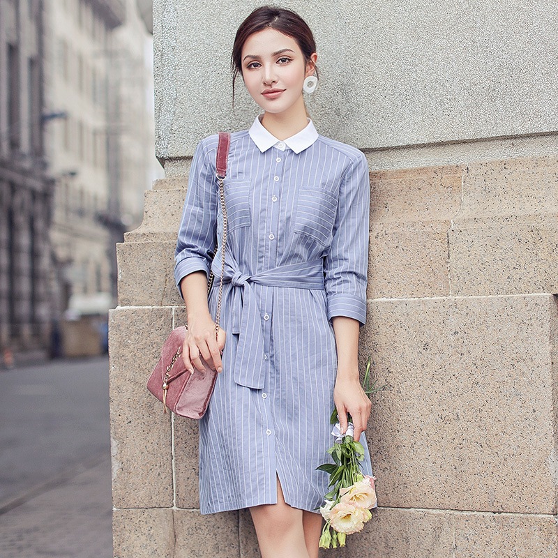 条纹衬衫裙女中长款2017秋季新款衬衣连衣裙收腰长袖小清新裙子夏