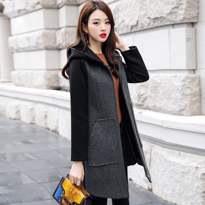 芷臻zhizhen毛呢外套女中长款冬季新款韩版修身连帽女士秋季气质呢子