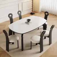 青木川 简约现代实木餐桌椅组合可折叠伸缩客厅餐厅家用岩板餐桌小户型圆桌多功能小清新法式奶油风四人六人吃饭桌子