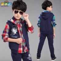 童依源2016新款童装男童春秋装长袖衬衣马甲长袖三件套儿童休闲秋季中大童
