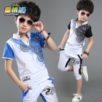 童装男童夏装2018新款 中大童儿童V领T恤水裤运动套装韩版