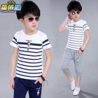 童装男童夏装2018新款儿童中大童短袖条纹运动裤套装5-6-7-8岁