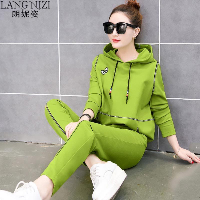 朗妮姿 套装女 2018春季新款连帽长袖长裤休闲运动服卫衣两件套装 TZ3816图片