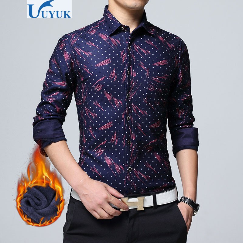 有衣有靠2017新款男士保暖衬衫男长袖印花加绒加厚修身衬衣秋冬季休闲衬衣青少年潮流寸衫