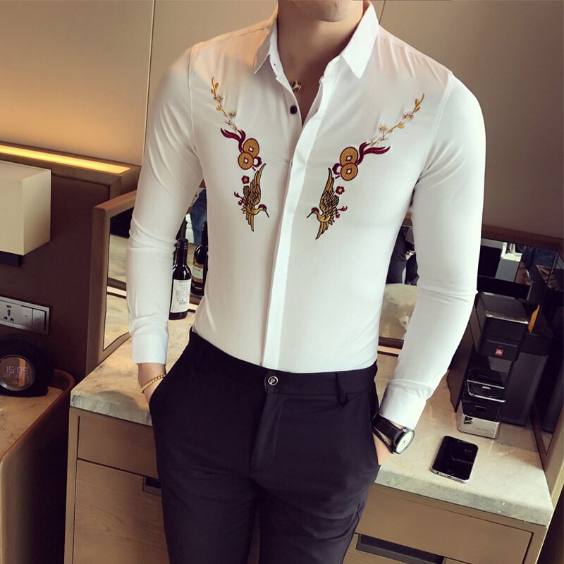 UYUK秋冬男刺绣长袖衬衫韩版修身个性夜店发型师时尚潮流衬衣帅气