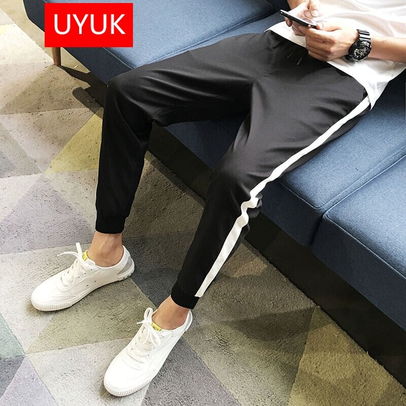 有衣有靠2017裤子男秋冬新款文艺男白条拼接青年学生修身薄款小脚休闲裤百搭潮流九分裤