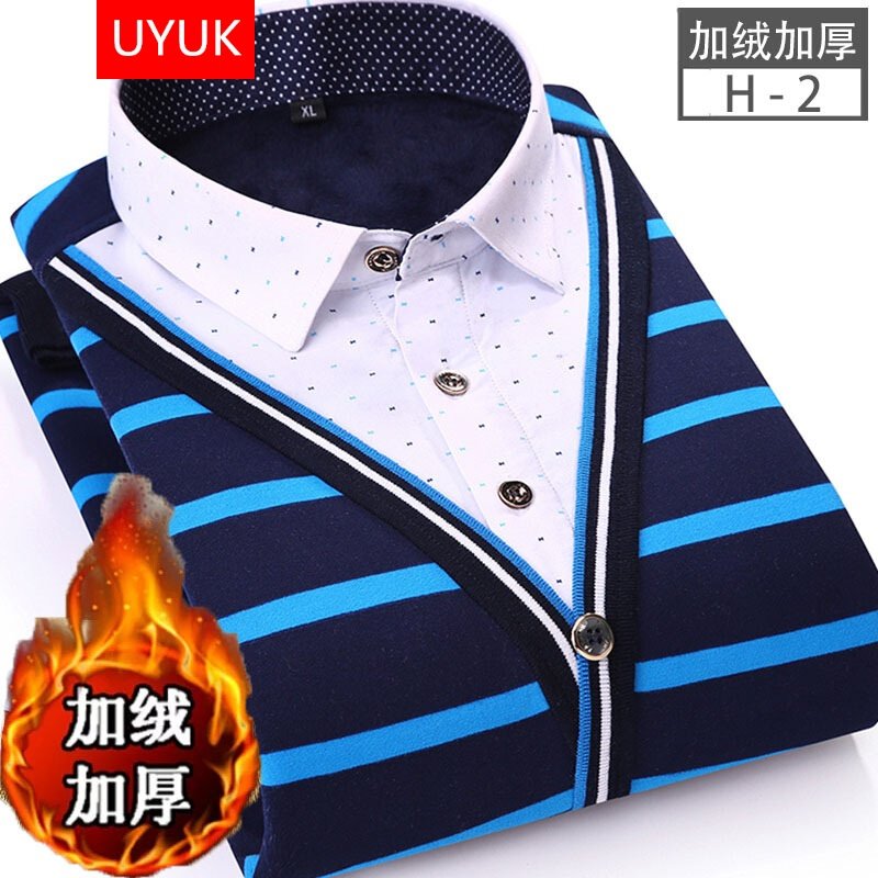 UYUK衬衫男2017新款男装冬季假两件保暖衬衫长袖加绒加厚中年休闲衬衣男士保暖针织衫毛衣