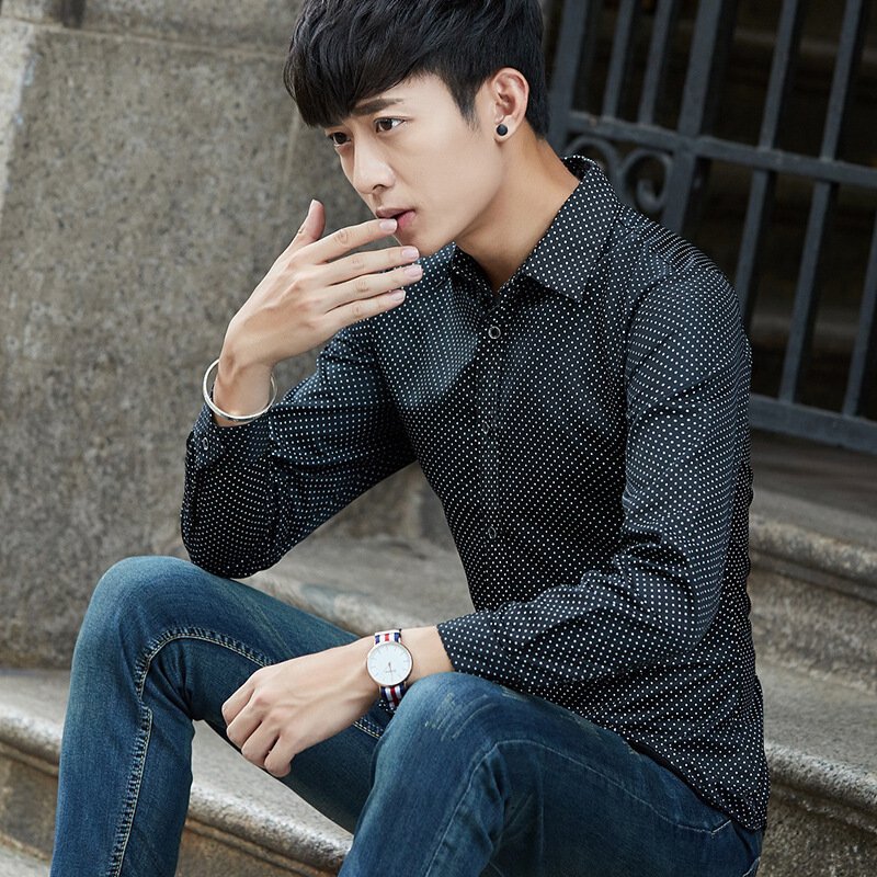 UYUK2017秋冬新款韩版修身男士长袖寸衬衫青少年学生秋季休闲潮流帅气衬衣