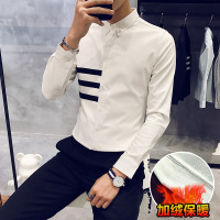 UYUK加绒长袖衬衫男士港风休闲加厚保暖衬衣冬季打底衫修身半边条纹潮