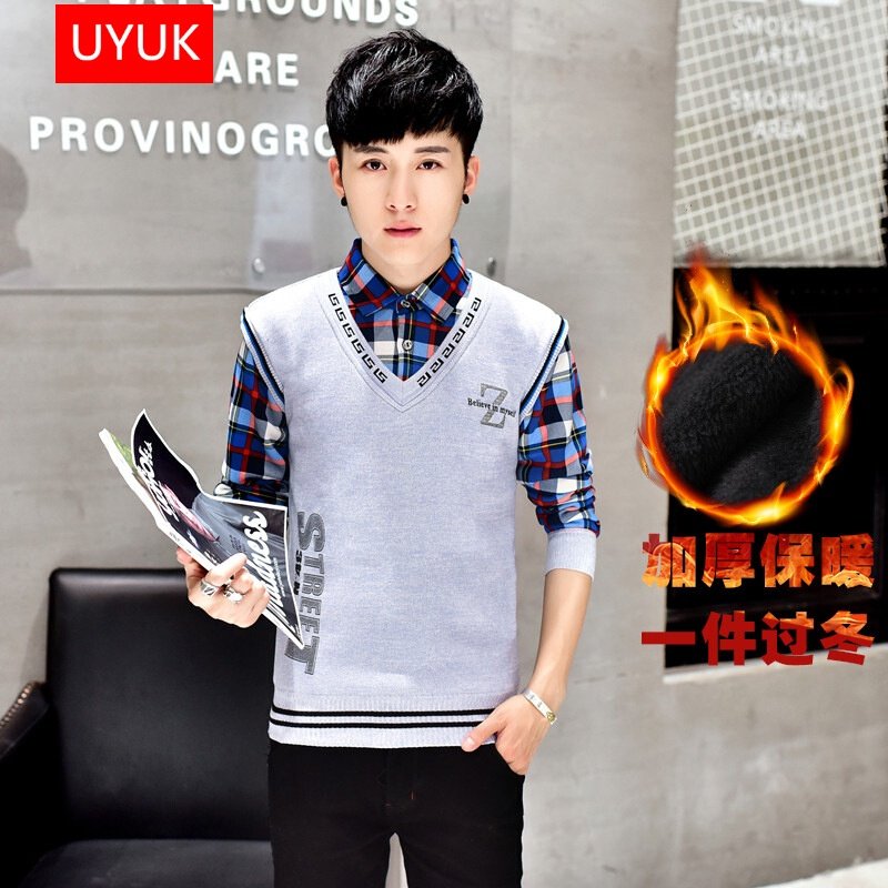 UYUK 2017冬季新款假两件保暖衬衫男加绒加厚青年时尚休闲套头毛衣男士保暖衬衣