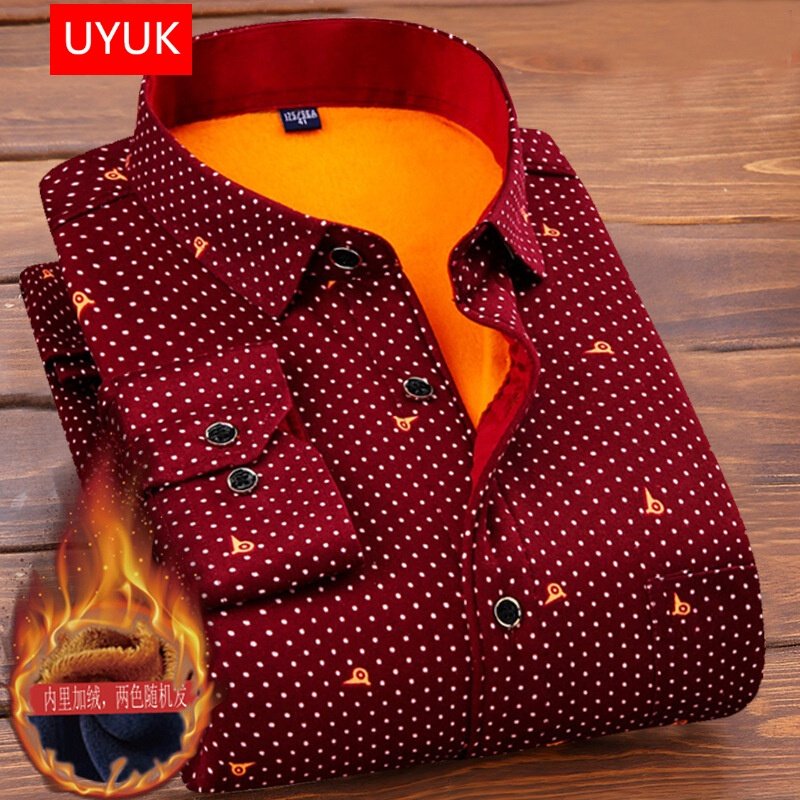 UYUK 秋冬新款加绒加厚衬衫男商务休闲格子韩版保暖波点中年爸爸装修身上衣长袖衬衣