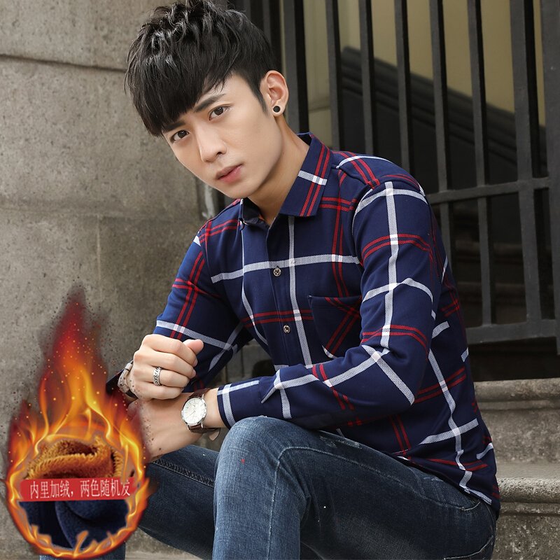 UYUK2017冬季保暖衬衫男加绒加厚中年休闲上衣长袖大码衬衣