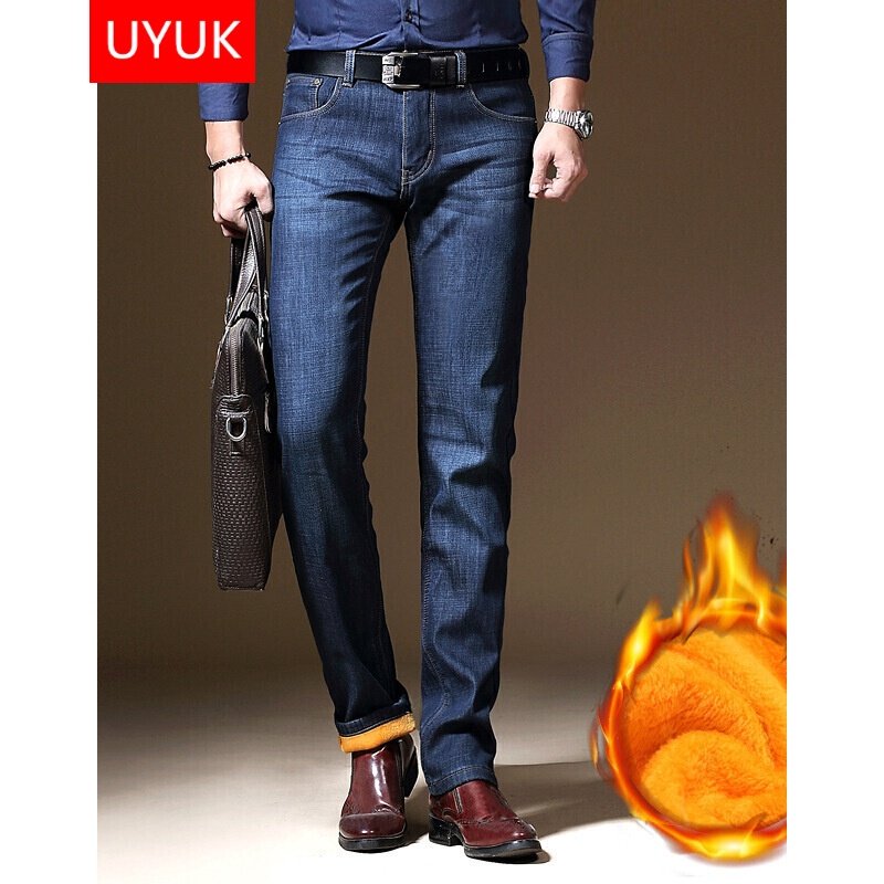 有衣有靠牛仔裤男士秋冬商务休闲中腰宽松直筒加绒加厚保暖牛仔长裤大码男青年保暖牛仔裤黑蓝色