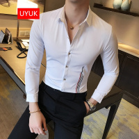 UYUK长袖衬衫男2017秋冬装新款男士长袖衬衫发型师美发师刺绣工装衬衣潮男装