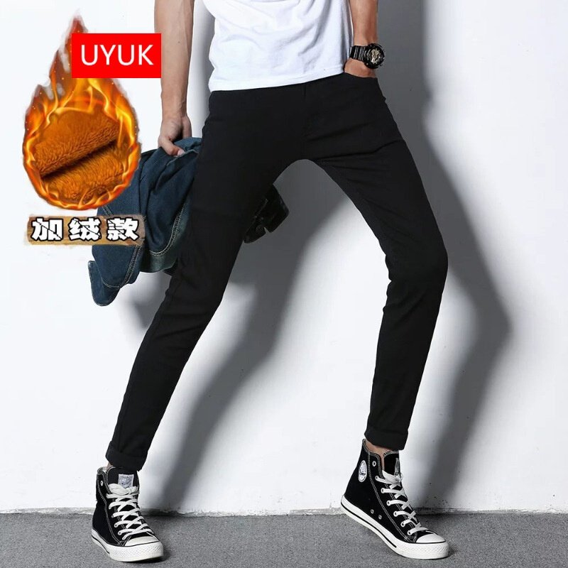 UYUK秋冬款加绒加厚男士牛仔裤韩版潮流修身小脚裤青少年男裤弹力长裤