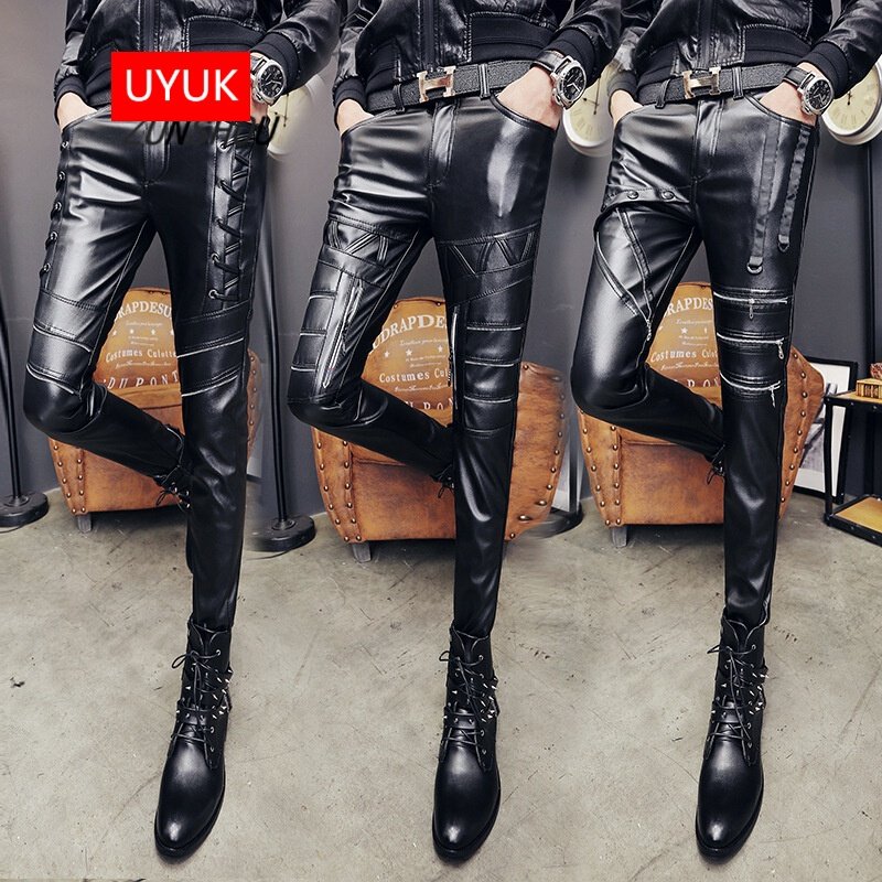 UYUK皮裤男2017秋冬季新款潮男休闲修身个性拉链青少年学生小脚机车皮长裤子男