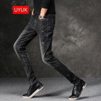 UYUK2017秋冬款青年男装黑色牛仔裤韩版修身弹力破洞小脚长裤潮流黑色
