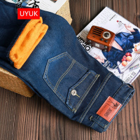 UYUK加绒牛仔裤男秋冬季加厚保暖带绒直筒修身长裤韩版潮流加棉裤子男深蓝色