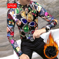UYUK秋冬季新款男士长袖加绒碎花衬衫青年修身韩版时尚衬衣发型师潮流工作服图色