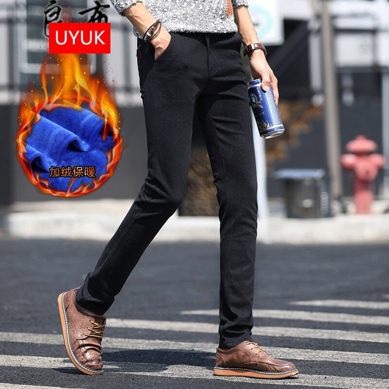 UYUK冬季加绒加厚男裤休闲裤韩版修身裤弹力男士磨毛棉麻长裤子保暖潮