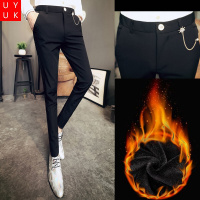 UYUK裤子男黑色修身牛仔裤韩版潮流加绒加厚秋冬弹力小脚