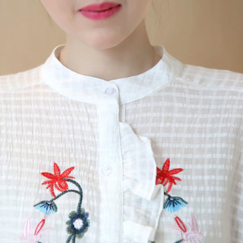 歌诺瑞丝2017春季女装新款韩版立领荷叶边宽松刺绣衬衫女8053图片