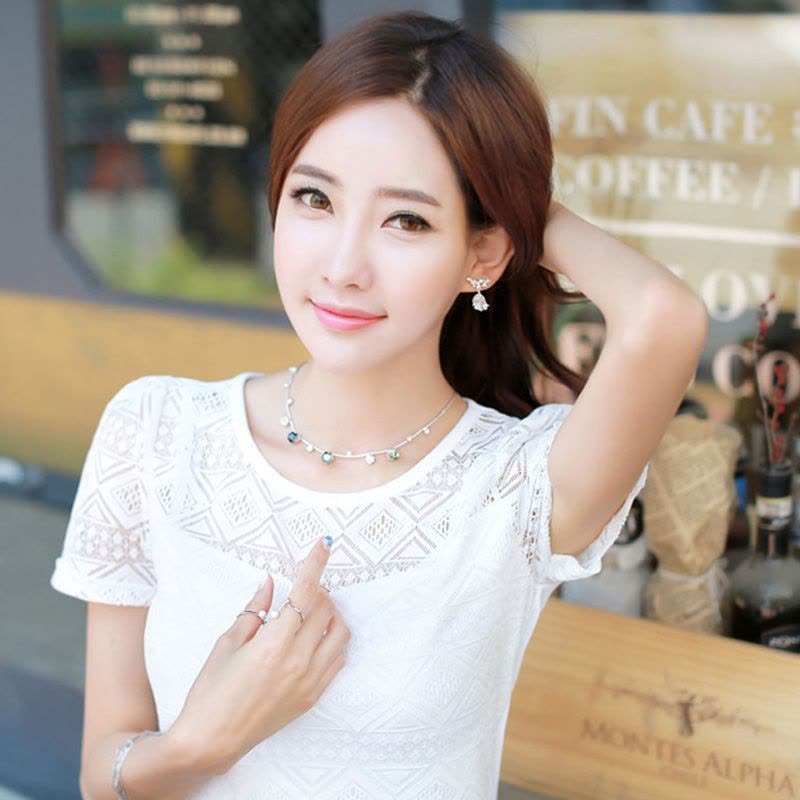 歌诺瑞丝2017夏季新款韩版大码修身百搭白色蕾丝打底衫短袖T恤-6885图片