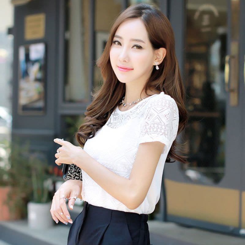 歌诺瑞丝2017夏季新款韩版大码修身百搭白色蕾丝打底衫短袖T恤-6885图片