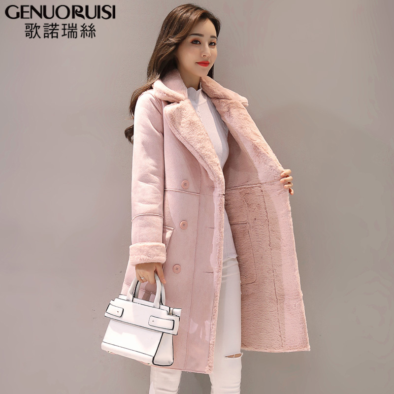 歌诺瑞丝2017冬季女装新款韩版气质修身中长款加绒加厚鹿皮绒羊羔毛棉衣外套女6269