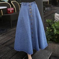 韵诗兰婷2016新款森女系单排扣高腰牛仔半身裙中长款大摆裙A字裙 伞裙8008