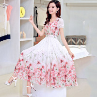 韵诗兰婷2016新款雪纺印花连衣裙中长款碎花短袖收腰长裙时尚大码沙滩裙850