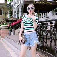 韵诗兰婷2016新款韩版露肩交叉彩色条纹针织衫短袖T恤性感一字领上衣725
