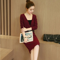 韵诗兰婷2016新款时尚大V抹胸长袖一步裙大码中长款收腰连衣裙5571