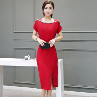 韵诗兰婷2016新款大码女装短袖一字领连衣裙韩版中长款收腰显瘦开叉裙1661