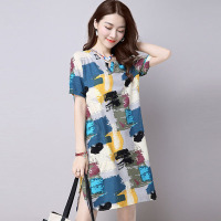 韵诗兰婷大码女装民族风文艺复古宽松中长款水墨印花棉麻连衣裙女夏8235
