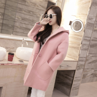 韵诗兰婷2016韩版秋冬女装学生连帽毛球时尚毛呢外套女中长款粉色呢子大衣8691