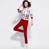韵诗兰婷2016秋季休闲运动套装女秋显瘦长袖开衫卫衣外套时尚格子大码休闲套装637