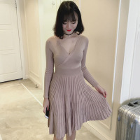 韵诗兰婷2016秋装新款优雅名媛气质系带A字V领修身针织连衣裙女809