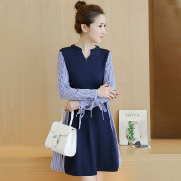 韵诗兰婷2016秋装新款条纹拼接假两件A字裙气质韩版长袖连衣裙女潮8060