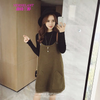 韵诗兰婷2016秋款新款连衣裙两件套韩版百搭吊带宽松口袋针织背带裙9035