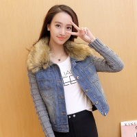 韵诗兰婷2016秋冬新款韩版新款大毛领牛仔褂毛线袖拼接牛仔短外套女棉服1308