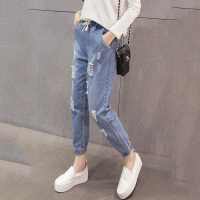 韵诗兰婷2016春秋装韩国九分bf破洞牛仔裤女显瘦宽松学生哈伦裤跨裤1627