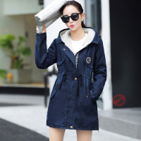 韵诗兰婷2016秋冬新款韩版修身字母连帽加绒牛仔外套女装中长款系带羊羔绒棉衣8887