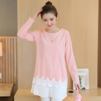 韵诗兰婷大码女装孕妇秋冬韩版上衣中长款蕾丝拼接百褶呢子连衣裙9005