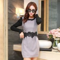 韵诗兰婷2016秋冬装新款韩版大码蕾丝毛呢长袖连衣裙秋气质修身A字打底裙9043