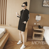 韵诗兰婷2016秋季新款女韩版中长款连帽条纹拼接套头卫衣连衣裙8818