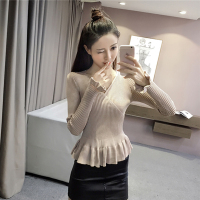 韵诗兰婷2016秋季短款复古修身V领针织衫女套头长袖荷叶边喇叭袖薄款条纹打底毛衣348