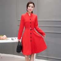 韵诗兰婷2016韩版小香风气质修身显瘦中长款时尚连衣裙秋季长袖大码单排扣打底裙1119