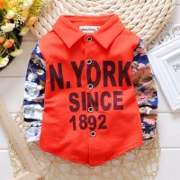 小一峰(xiaoyifeng)2016春秋新款男小童纯棉印花拼接长袖潮流修身花衬衫宝宝打底衫 F161027