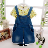 婴幼儿夏装 女宝宝背带裤男童0-1-2-3岁牛仔小蜜蜂小孩T恤套装潮